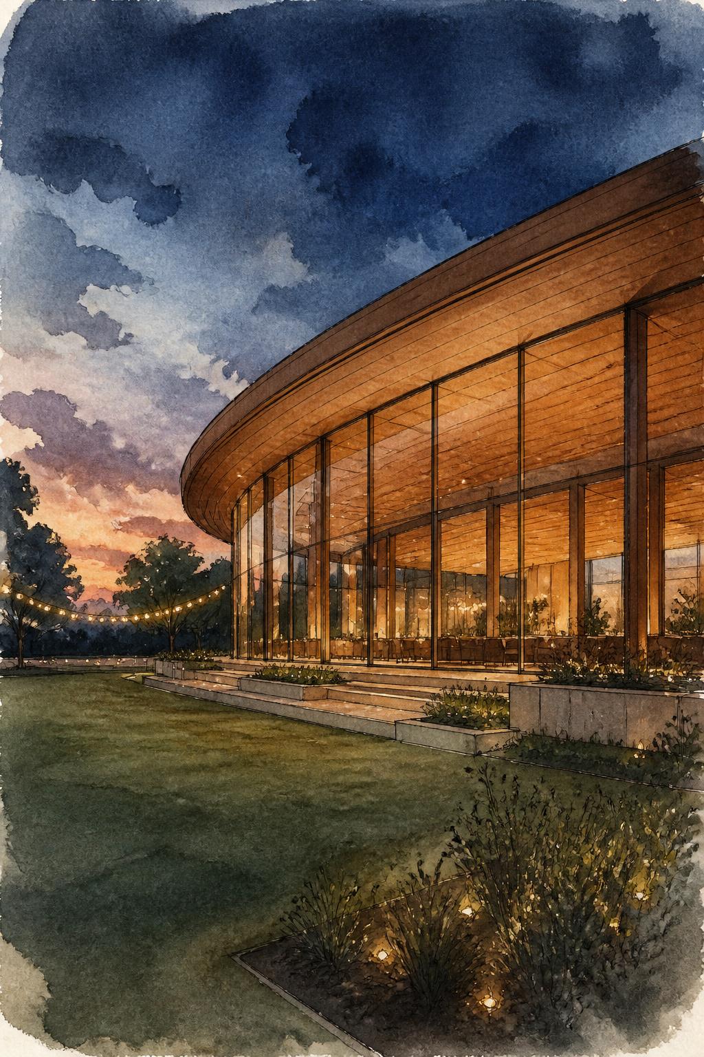 Watercolour of Omnia by Tivoli at dusk, its curved glass pavilion glowing under an indigo sky