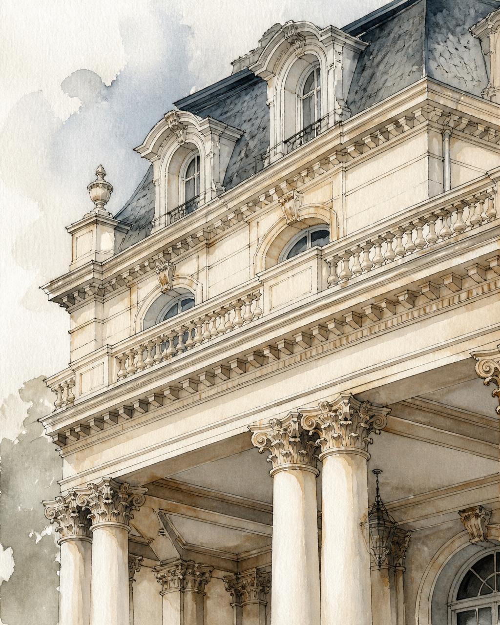 Watercolour of the Paris Villa portico, ivory columns under a slate mansard roof